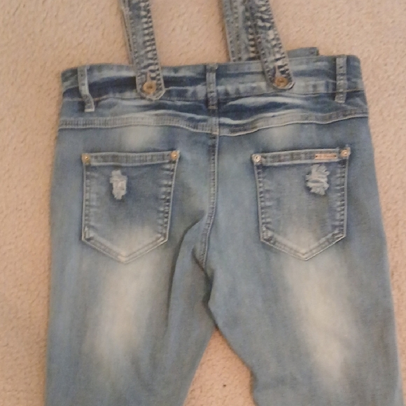 Juniors Blue Denim Distressed Overalls - Picture 4 of 9